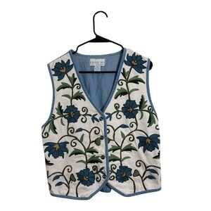 Bedford Fair Lifestyles Vintage Floral Embroidered Denim Back Vest Women Size XL